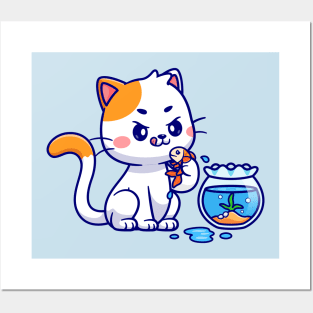 Cute Cat Holding Fish Cartoon Posters and Art